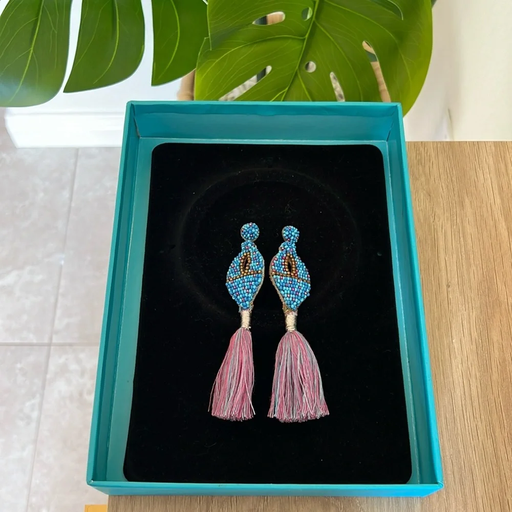 Tassel Drop Earrings Anthropologie Boho Bohemian Blue Gold Purple Beaded Earring - Picture 2 of 4